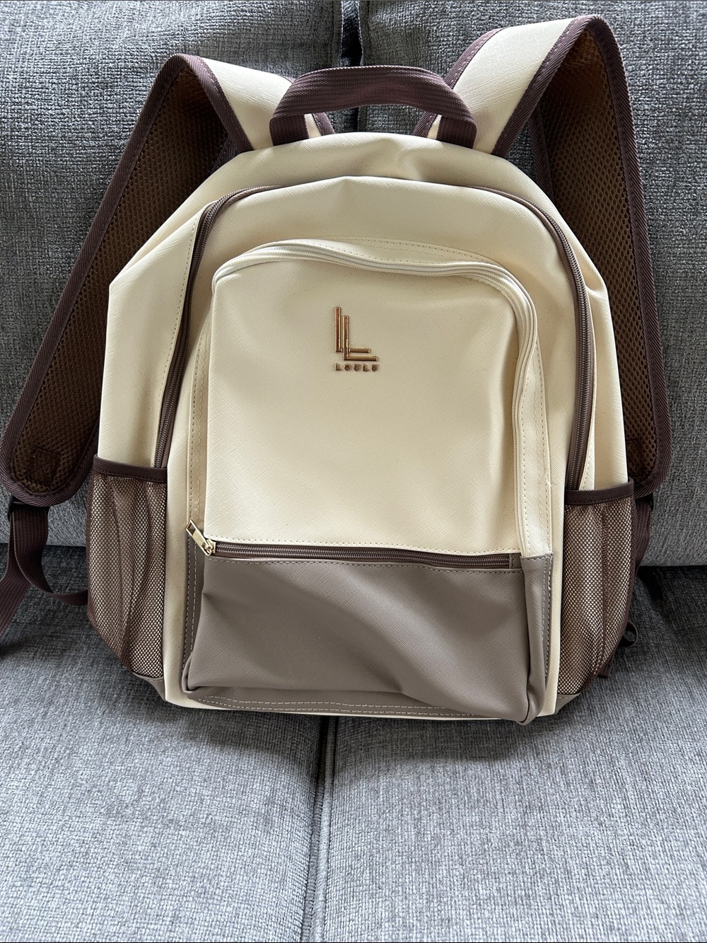 NWOT Loulu Cream & Brown Two-Tone Backpack with Front Pockets and Laptop Pocket